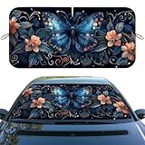 Blue Butterfly Car Windshield Sunshade Folding Retro Flowers Leaves Heatshield Front Window Car Sun ​Shade Windshield Block UV Rays Sun Shade Visor Protector for Car Sedan Truck SUV Accessories