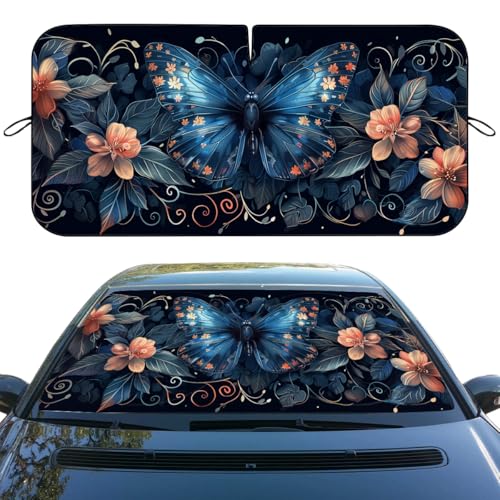 Blue Butterfly Car Windshield Sunshade Folding Retro Flowers Leaves Heatshield Front Window Car Sun ​Shade Windshield Block UV Rays Sun Shade Visor Protector for Car Sedan Truck SUV Accessories
