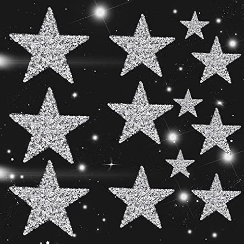 12 Pieces Star Iron on Patches Star Appliques Rhinestone Silver Adhesive Applique Hot Glue Rhinestone Stars Glitter Crystal Patches for Clothing Jeans Shoes Bags Hats Repair Decoration, 4 Sizes Cover