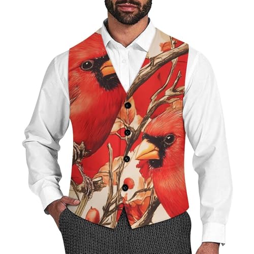 Cardinal Cute Bird Suit Vest for Men Waistcoat Dressy V Neck Button Down Sleeveless Business Jacket Coat