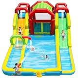 WELLFUNTIME Inflatable Water Double Slides Park with Blower, Shade Tent Bounce House with 2 Climbing Walls, 3 Water Pools, 226x168x98 Inch