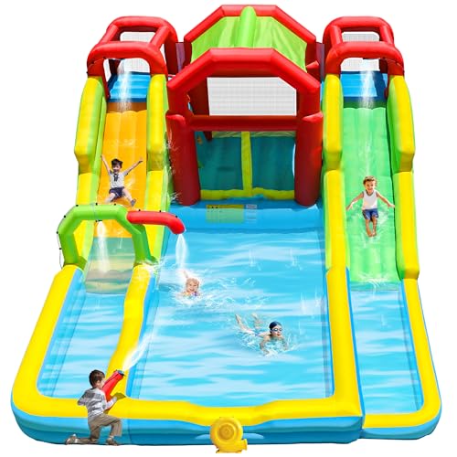 WELLFUNTIME Inflatable Water Double Slides Park with Blower, Shade Tent Bounce House with 2 Climbing Walls, 3 Water Pools, 226x168x98 Inch