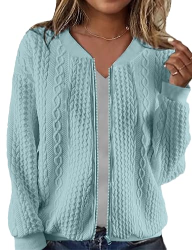 Image of WROLEM Women's Zip Up Cardigan Sweater Cable Hoodies Long Sleeve Jacket Outfits Crewneck Casual Coat