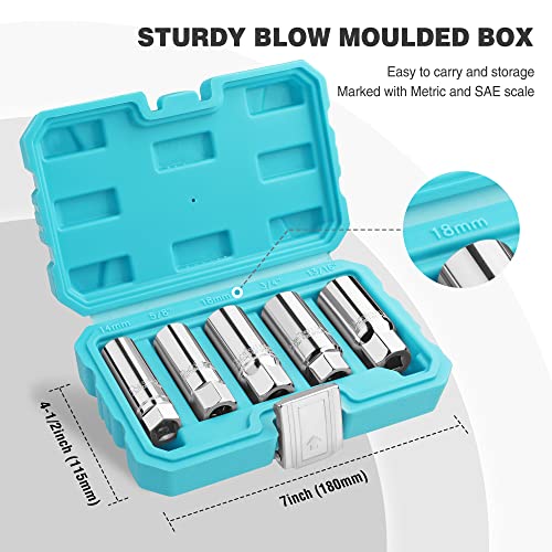 Duratech 3/8-Inch Drive Spark Plug Socket Set, Sae & Metric, 5/8-Inch, 3/4-Inch, 13/16-Inch, 14Mm, 18Mm, Heat Treated Cr-V Steel Sockets With Rubber Retaining Rings, 5-Piece Set #TOP4