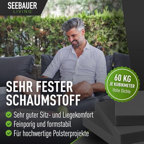 SEEBAUER living Schaumstoff Ultra Strong RG 60/70 (Sehr fest) 30 x 30 x 2 cm Schaumstoffplatte für Polster und Sitzkissen, Polsterschaumstoff als Zuschnitt für Sitzpolster