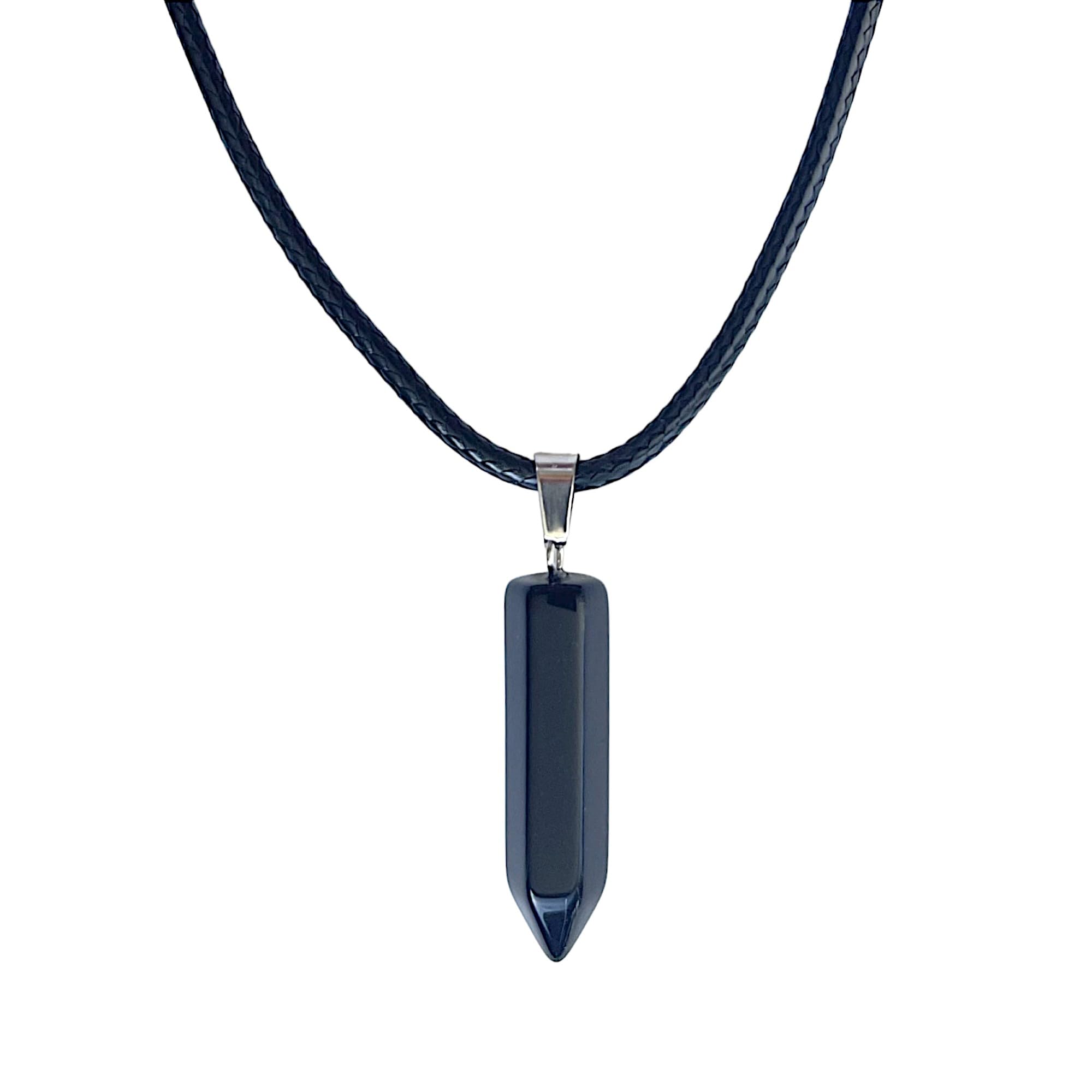ASTER ALHELÍ Colgante Hombre Mujer Piedra Punta de Flecha con Collar Encerado de Cuero Negro y Cierre de Acero Inoxidable - Punta de Flecha Amuleto de Protección - Talismán de la Suerte (Ágata Negra)