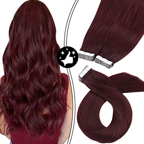 Moresoo Human Hair Extensions Tape in Real Hair Extensions 22 Inch Remy Tape in Hair Glue on Solid Color #99J Wine Red Adhesive Tape Hair for Women Silky Soft Hair 40pcs 100g