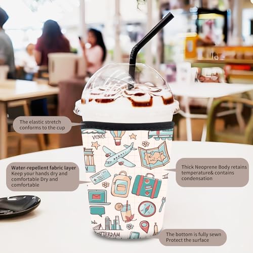 Image of 3 Pack Reusable Neoprene Insulator Sleeve for Iced Coffee Cups, Funny Coffee Cup Sleeves for 16-32oz Coffee cups, Cute Drink Sleeve for Cold Hot Beverages Cute Plane