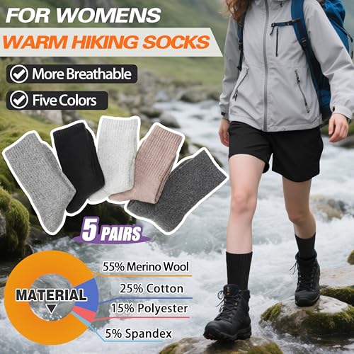 Image of Sandsuced 5 Pack Merino Wool Boot Hiking Socks for Women Warm Winter Thick Thermal Cozy Work Soft Ladies Socks
