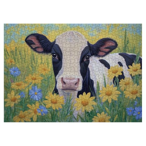 Larkipuzz Sunflower Cow Painting Jigsaw Puzzle 1000 Piece for Adult, Animal Flower Plant Nature Jigsaw Puzzles, Funny Art Beautiful Landscape Puzzle