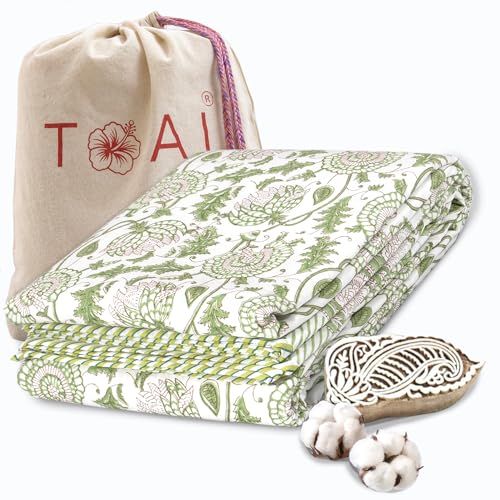 Image of TOAIArt Premium Jaipuri Dohar | AC Blanket Summer Quilt | Hand Block Printed | 3 Layers | Reversible | 150GSM 100% Mulmul Cotton | 100% Cotton Flannel Filling | Single 60 inch X 90 inch |Green Kalamkari