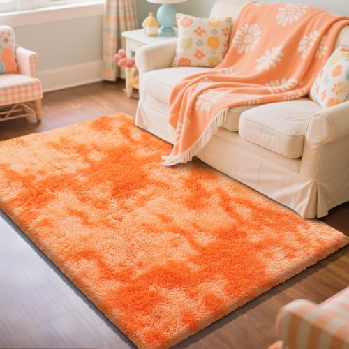 Mottling Orange Fluffy Rug Shaggy Area Rug, 3x5 Area Rugs for Girls Bedroom, Soft Cute Baby Play Mat, Indoor Floor Carpet for Teen, Nursery, Preppy Dorm, Plush Aesthetic Bedside Rug