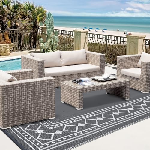 Garvee Outdoor Patio Rug 8x10 Washable Grey Outdoor Beach Carpets Modern Diamond Bordered Picnic Mats Easy-Clean Folding Portable Waterproof Plastic Outdoor Rug Easy-Clean Area Rug for Garden Backyard — view 2