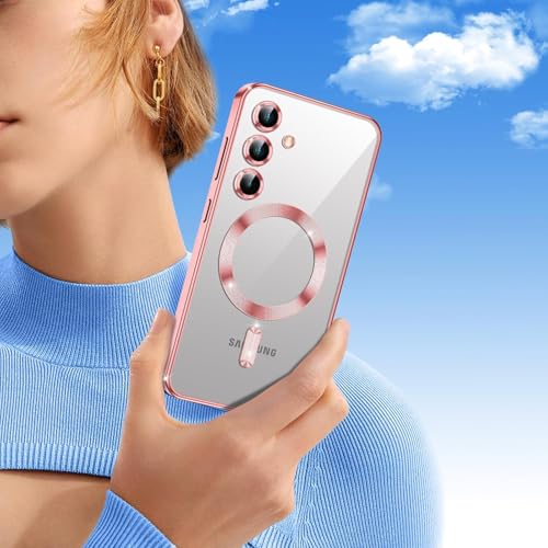 Image of VONZEE Clear Logo Electroplating Transparent Case for Samsung S25 FE 5G, Magnetic Plating [Support for MagSafe Charger] Electroplate TPU Cover, Individual Camera Protection for Each Lens - Rose Gold