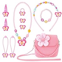 Kids Jewelry Set, Little Girls Plush Purses Gift, Children's Pink Handbag with Butterfly Necklace Bracelet Ring Earring, Crossbody Bag Princess Dress up and Pretend Role Play Accessories Party Favors