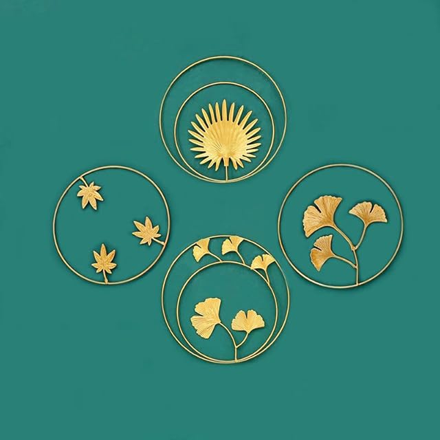 Yukung Wall Decoration for Living Room, 4pcs Nordic Style Gold Wall Art Decor, Ginkgo Biloba Home Accessories, Iron Art Sculpture Ornaments for Bedroom Living Room