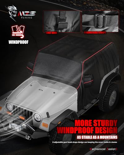 MZS Cab Cover Compatible with Wrangler TJ YJ 2 Door 1986-2006, 600D Waterproof Wrangler Cover With Mirror Pocket 6 Gust Hook Car Half Covers Windproof Sun Snow Rain Scratch Protection