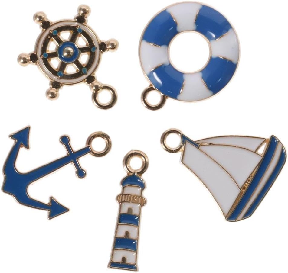 50Pcs Nautical Collection Charms, 5 Styles Ocean Themed Anchor Charm Pendants Ship Helm Sailor Navy Boat Charms for Jewelry Making