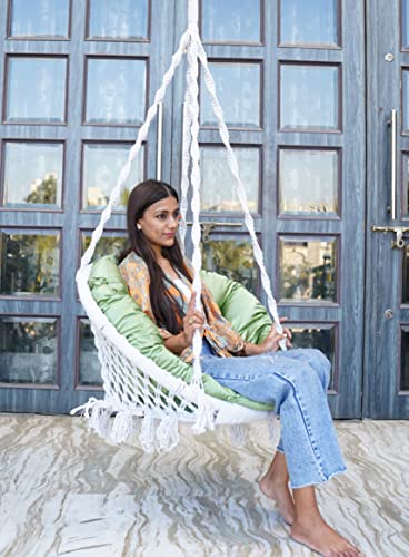 Image of Patiofy Premium Round Shaped Swing for Adults /Jhula for Adults /Swing for Balcony /Hammock Swing /Jhoola for Adults Outdoor /150kgs Weight Capacity /Includes Large Green Sitting Cushion(White-32Inches)