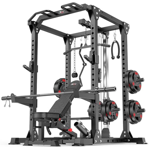 XGSW XINGESIWR Multi-Function Squat Rack Power Cage L01 with Cable Crossover System, 1000 LBS Capacity Strength Rack with Optional Weight Bench. (Black, L01+Weight Bench+Cast Iron 220LBS)