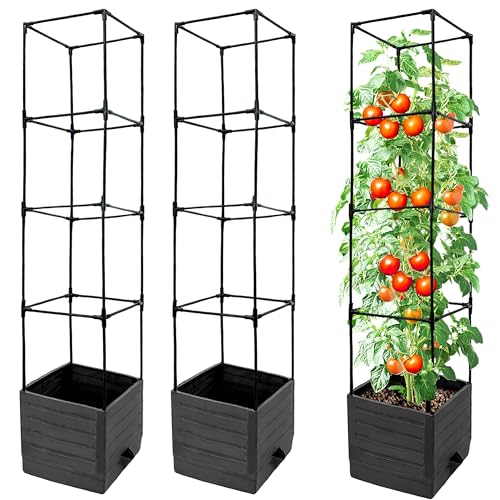 SYITCUN Tomato Planter with Trellis, 57 Inch Self-Watering Planter Box 2-Pack, Grey Planter with Metal Support for Outdoor Indoor Climbing Plants