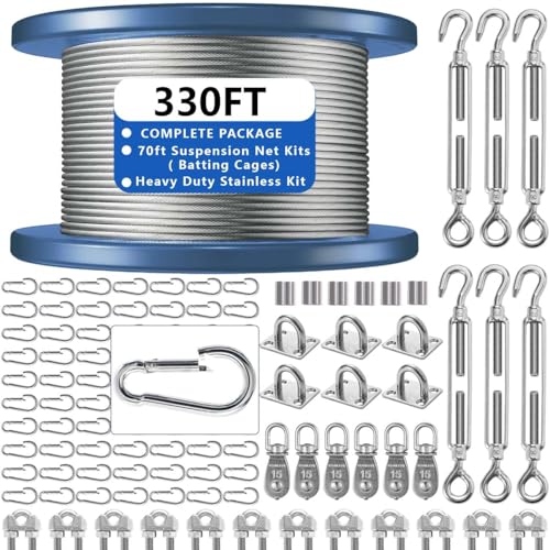 Heavy Duty 70FT Batting Cage Netting Wire Tension Kit Net Hanging Kits Inflatable Batting Cage Cable Kit Batting Cage Frame Kit for Home Backyard Softball Batting Cage and Outdoor Baseball