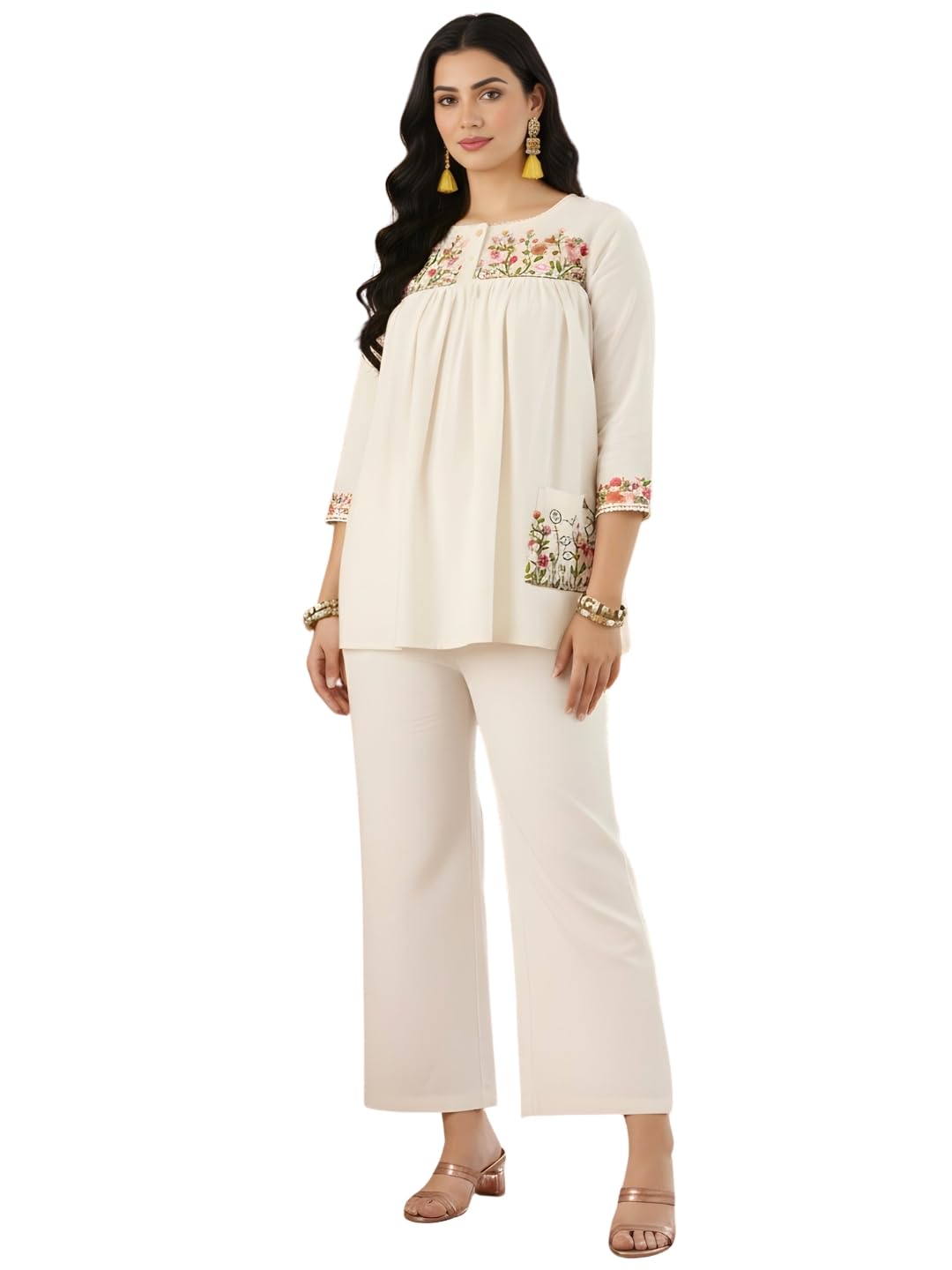 Women's Off White Cotton Blend Embroidered Straight Kurta with Pant | Co-ord Set (NK-CS08)-image-37