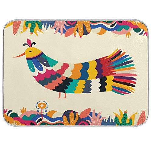 Colorful Mexican Design Stylish Artistic Bird Dish Drying Mat for Kitchen, Absorbent Microfiber Drying Pad Dish Mat, 24" X 18"