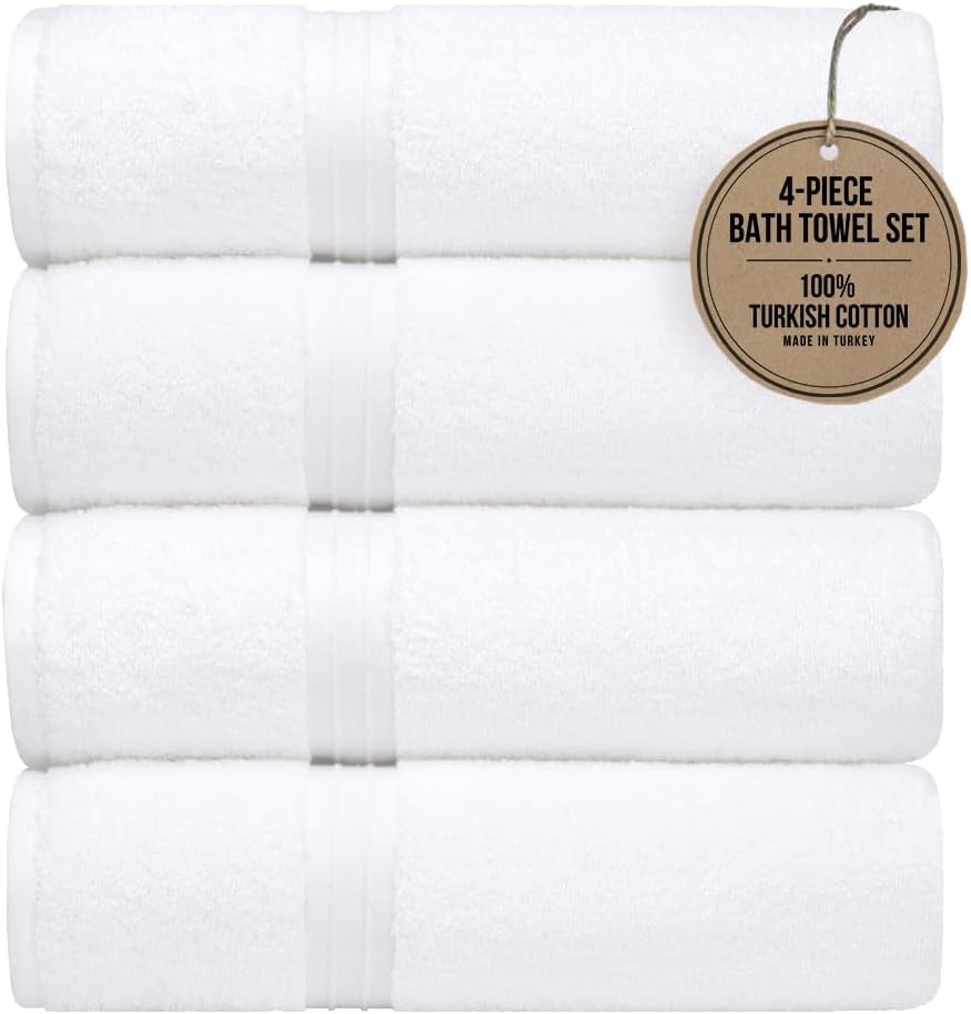 Soft Bath Towels Set of 4 - Luxury & Absorbent - Large (28" x 56") 100% Cotton - Versatile, Perfect as, Hotel Towels, Spa Towels - White
