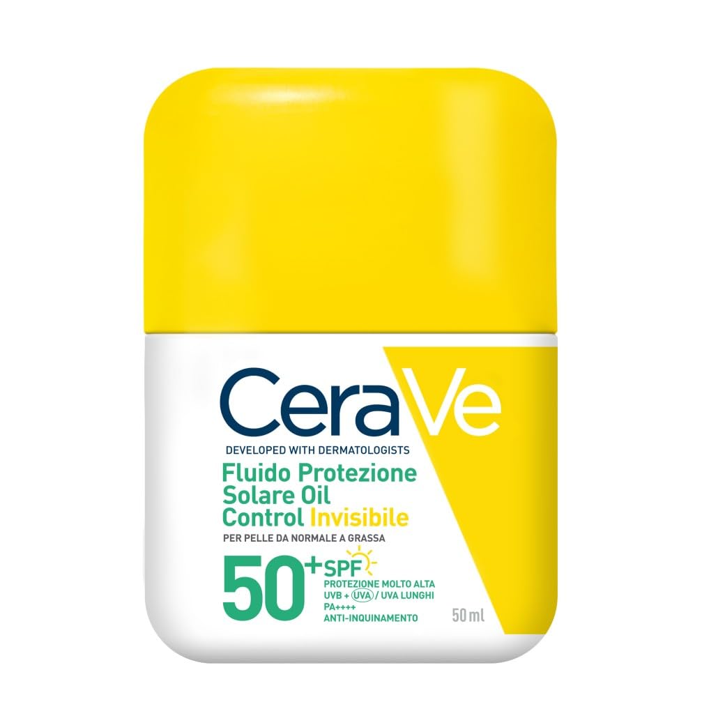 CeraVe Fluido Protezione Solare Invisibile Oil Control SPF50+, Per Pelle da Normale a Grassa, Protezione Molto Alta, Effetto Opacizzante, Invisibile Sulla Pelle, Texture Leggera, 50ml