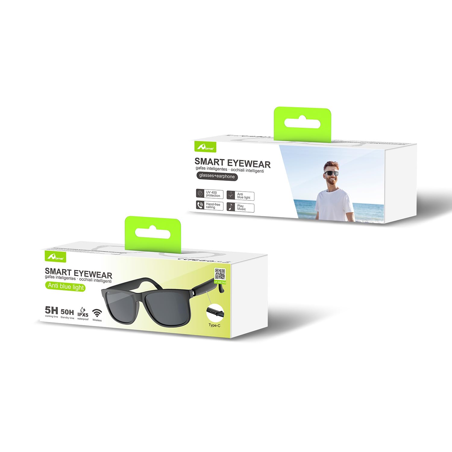 Home Gafas de sol Smart Bluetooth para hombre y mujer, gafas inteligentes con audio abierto, montura rectangular clásica, UV400, música, llamadas y control de voz, negro