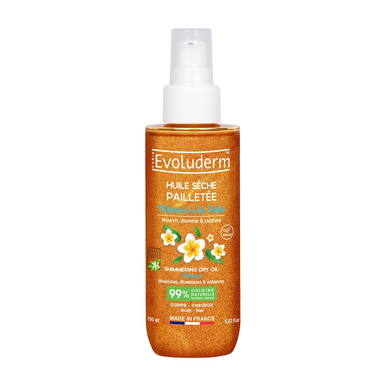 EVOLUDERM - Huile Sèche Pailletée Monoï à la Folie - 150ml - 99% d'Ingrédients d'Origine Naturelle - Végan – Fabrication Française