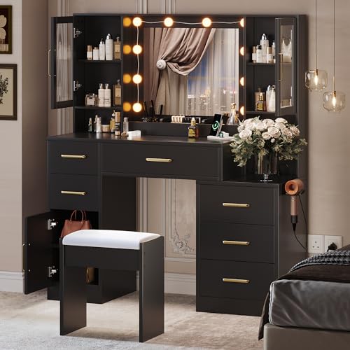 Makeup Vanity Desk with Mirror and Lights, 51\" Makeup Vanity with Lights & Charging Station, Dressing Table Vanity Set for Bedroom, Black Vanity Table with Cushioned Stool, 6 Drawers & 3 Cabinet