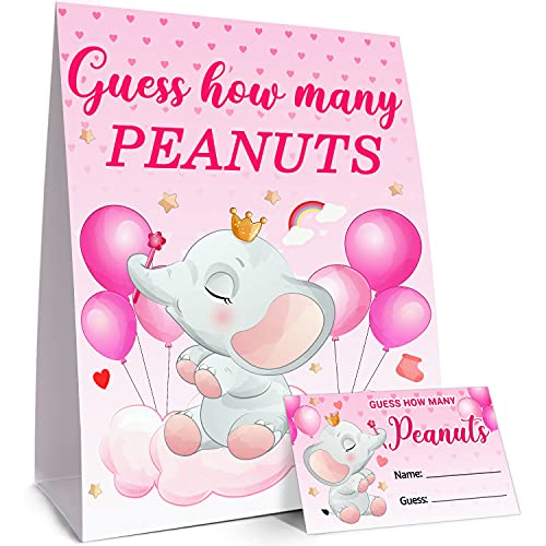 Pink Elephant Guess How Many Peanuts Baby Shower Game Sign and 30 Cards, Pink Balloon Guessing Game Activity Shower Guess Game, Bridal Shower, Birthday Party, Holiday Activity