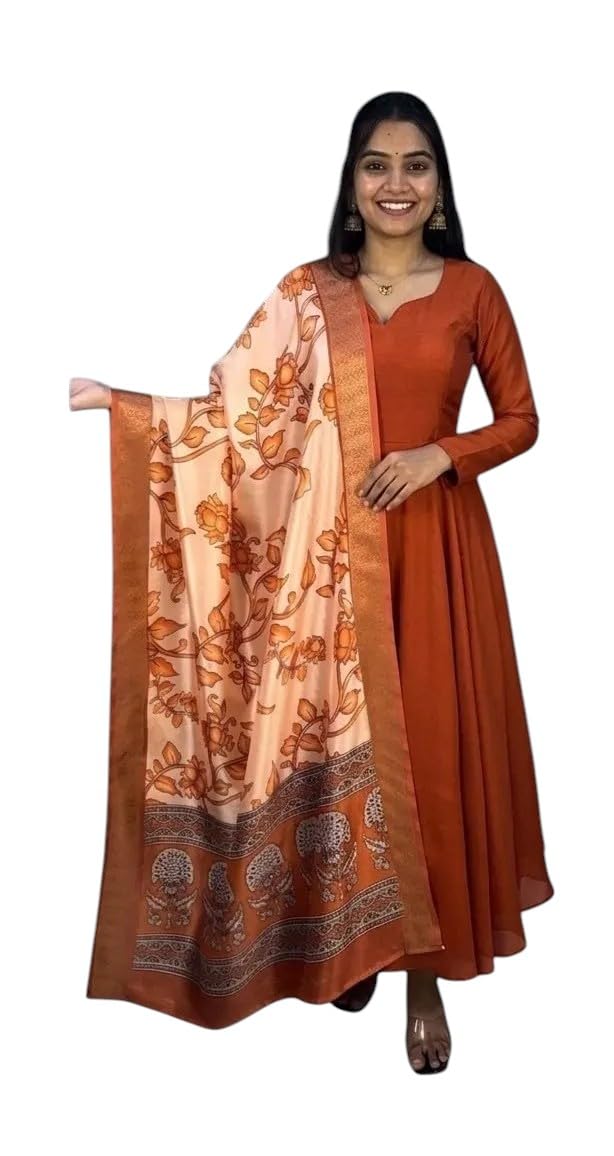 Women's Elegant Anarkali Gown Set | Blooming Vichitra Silk Long Kurti with Designer Kalamkari Mayura Silk Dupatta-picture-31