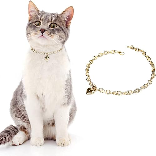 HOWWFALY Dog Collar and Cat Chain Necklace Stainless Steel Adjustable 18K Sliver Heart-Shaped Necklace for Small Pets Cats Kitten Puppy (Sliver, 7 inch)(Gold,10 inch)