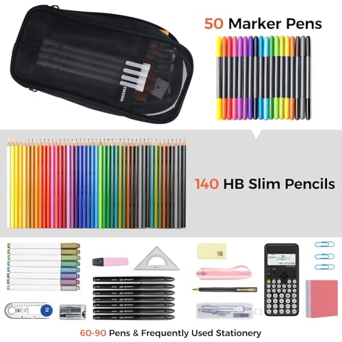 Image of Fmeida Grid Mesh Pencil Case - Upgraded 4 Compartment Pencil Pouch, Clear Adult Pencil Bag Aesthetic Marker Pouch Stationary Bag Office Organizer for College Business Travel - Black