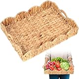 LASIDO Water Hyacinth Handwoven Seagrass Tray with Scalloped Edge and Handles (17x13x3in) Rectangular Handwoven Trays, Water Hyacinth Basket for with Built-in Handles (Rectangular - 1 PCS)