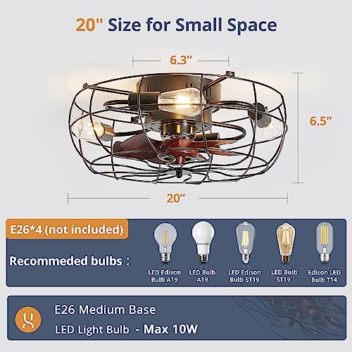 Lediary 20" Caged Ceiling Fans With Lights And Remote, Flush Mount Bladeless Low Profile, Small Farmhouse Industrial Enclosed Ceiling Fan For Bedroom, Kitchen, Indoor #TOP5