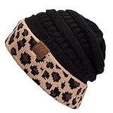 C.C Exclusives Solid Ribbed Color Beanie hat with Leopard Pattern Cuff (HAT-80) (Black)