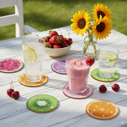 Image of HASTHIP DIY Diamond Painting Coasters Set of 8 with Holder - Fruit Theme Home Decor Coasters for Dining Table,Ideal Gift for Women DIY Diamond Art Crafts Projects Gift Women Handmade