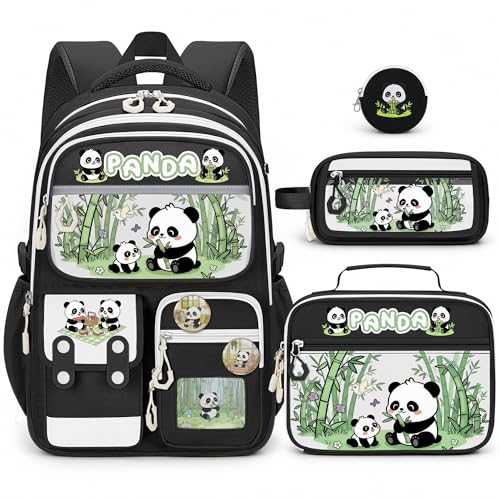 SZWNHS Panda Backpack for Girls 4 PCS Girls Backpack with Lunch Box Set Cute Kawaii Large Laptop Bookbag School Bag for Elementary Kids & Teens