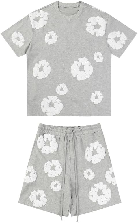 Y2K men's and women's bubble printed short sleeved shorts set, loose T-shirt beach shorts two-piece set