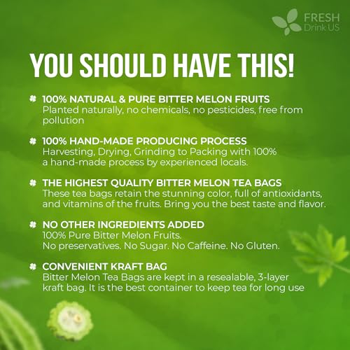 Image of FreshDrinkUS, Premium 75 Bitter Melon Tea Bags, 100% Natural & Pure, Herbal Tea, Daily Infusion Botanical, No Sugar, No Caffeine, No Gluten, Vegan. Rich in Antioxidants