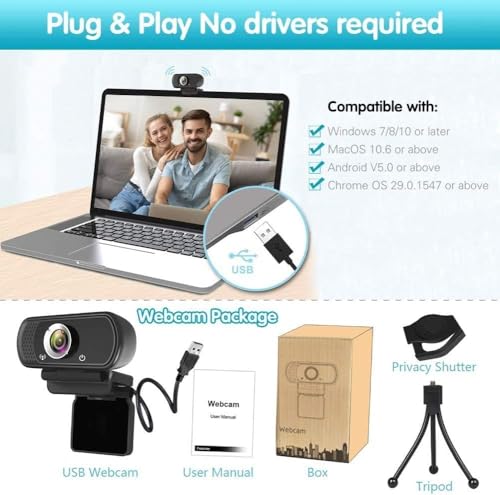 Image of TRAUSI Webcam 1080P with Built-in Mic, Wide Angle & Privacy Cover for PC /Laptop, Plug & Play USB HD Computer Web Camera with Light Correction for Meetings, Streaming and Video Calling (Black)