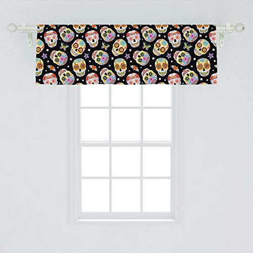 Lunarable Skull Window Valance, Mexican Style Cheerful Pattern Day Of The Dead Hearts Stars, Curtain Valance For Kitchen Bedroom Decor With Rod Pocket, 54" X 18", Black Pink #TOP1