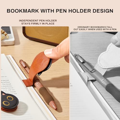 2Pcs Magnetic Bookmarks with Gift Box Magnetic Pen Holder for Notebook Cat Book Marks Clip Gift for Book Lover Readers Cute PU Leather Bookmark for Women, Cat+Paw (Brown+Black) — view 5