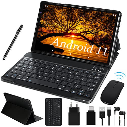FACETEL Tablette Android 11 Tablette 10 Pouces Avec Processeur Octa-Core, 4 Go RAM 64 Go ROM (TF/128 Go) Support 5GWiFi |5MP+8MP |Bluetooth |8000 mAh |Certification Google |Tablettes Avec Clavier-Noir