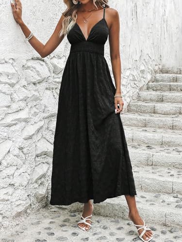 Image of Milumia Women's Backless Long Summer Dress A Line Flowy Maxi Sundress | Spaghetti Strap,Deep V Neck,Somcked Waist,Beach & Wedding Guest,Sleeveless