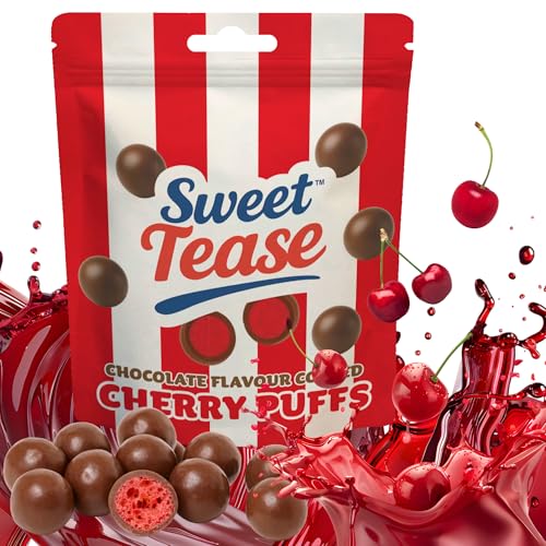 Sweet Tease Chocolate Covered Cherry Crispy Puffs Light Crunch Centre Sweets 80g Novelty & Party Sweets Viral TikTok Candy Snack